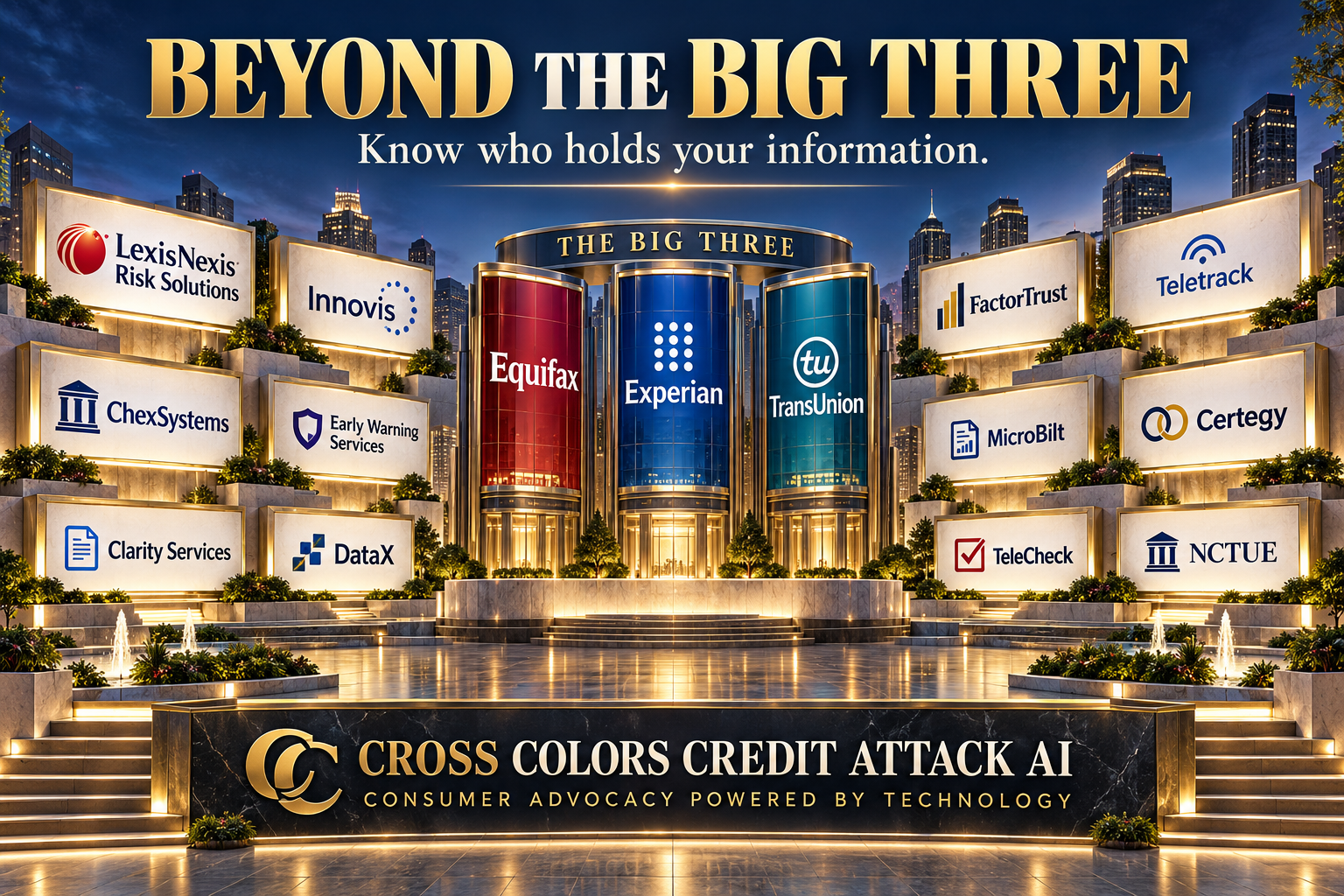 Beyond the Big Three: Equifax, Experian and TransUnion surrounded by twelve specialty reporting agencies, including LexisNexis, Innovis and ChexSystems.