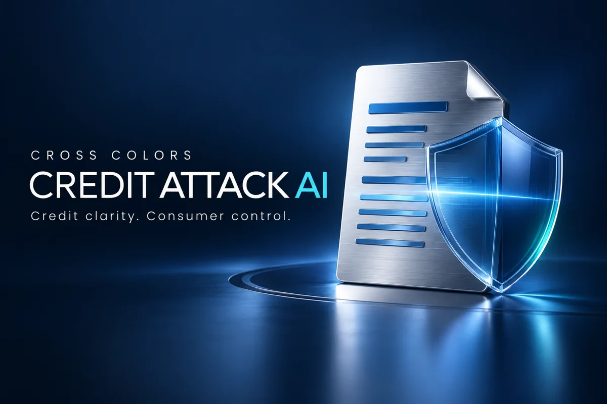 Cross Colors Credit Attack AI — blue shield and credit report. Credit clarity. Consumer control.