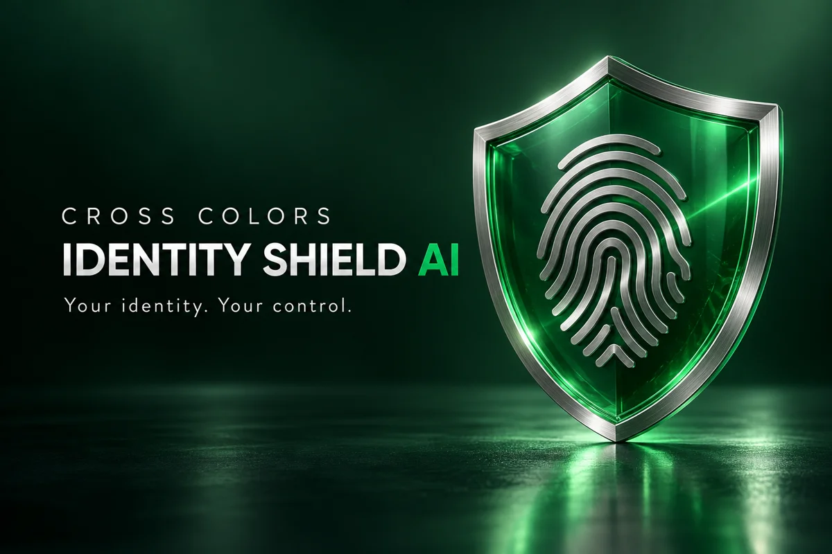 Cross Colors Identity Shield AI — emerald green shield and silver fingerprint. Your identity. Your control.